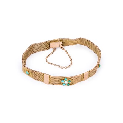 Lot 763 - A LATE VICTORIAN 10 CARAT GOLD TURQUOISE AND SEED PEARL BRACELET
