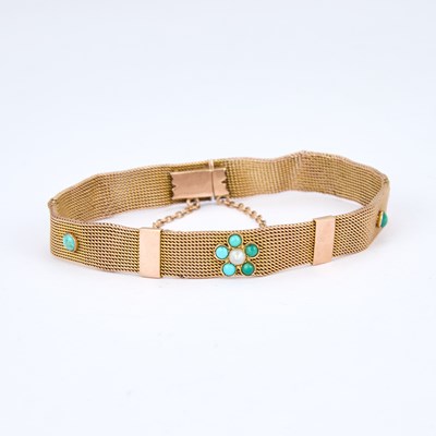 Lot 763 - A LATE VICTORIAN 10 CARAT GOLD TURQUOISE AND SEED PEARL BRACELET