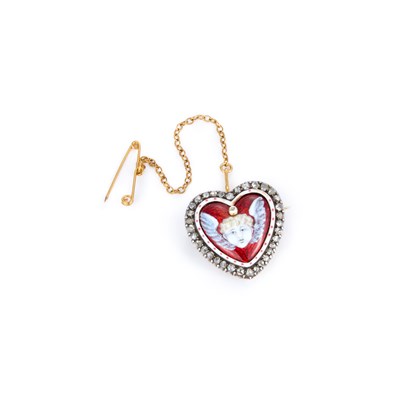 Lot 630 - A VICTORIAN ENAMEL AND DIAMOND HEART LOCKET BROOCH
