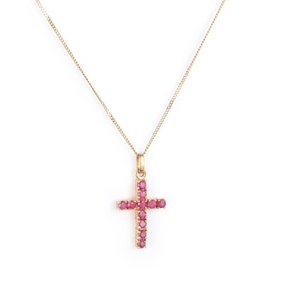 Lot 594 - A RUBY CROSS PENDANT ON CHAIN