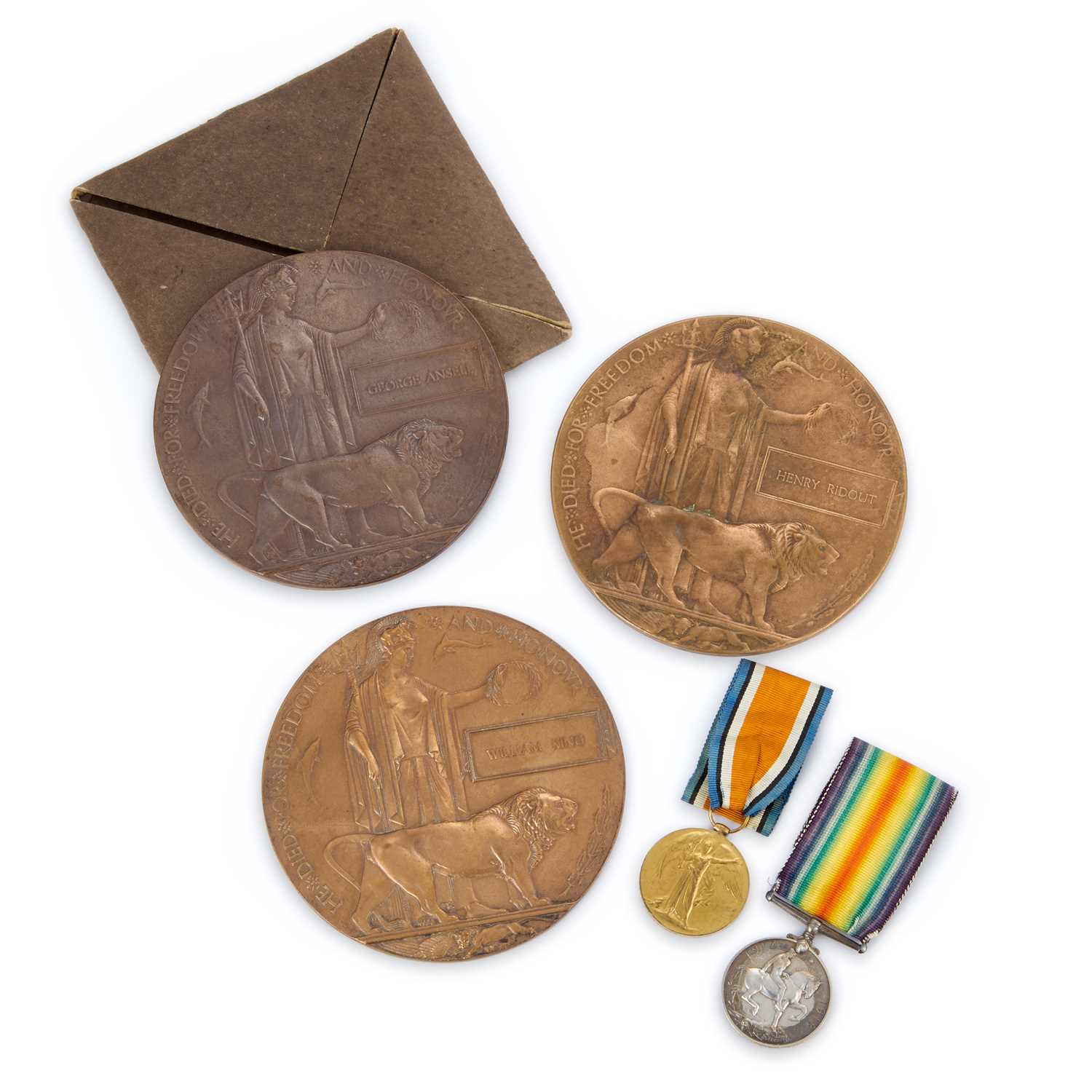 Lot 52 - A FIRST WORLD WAR MEDAL PAIR AND DEATH PLAQUE AND TWO OTHER DEATH PLAQUES