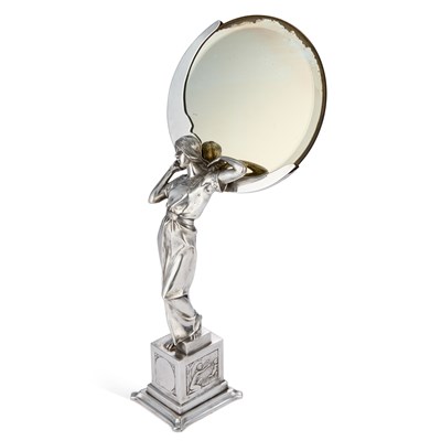 Lot 168 - A JUGENDSTIL SILVERED METAL FIGURAL TABLE MIRROR, CIRCA 1900