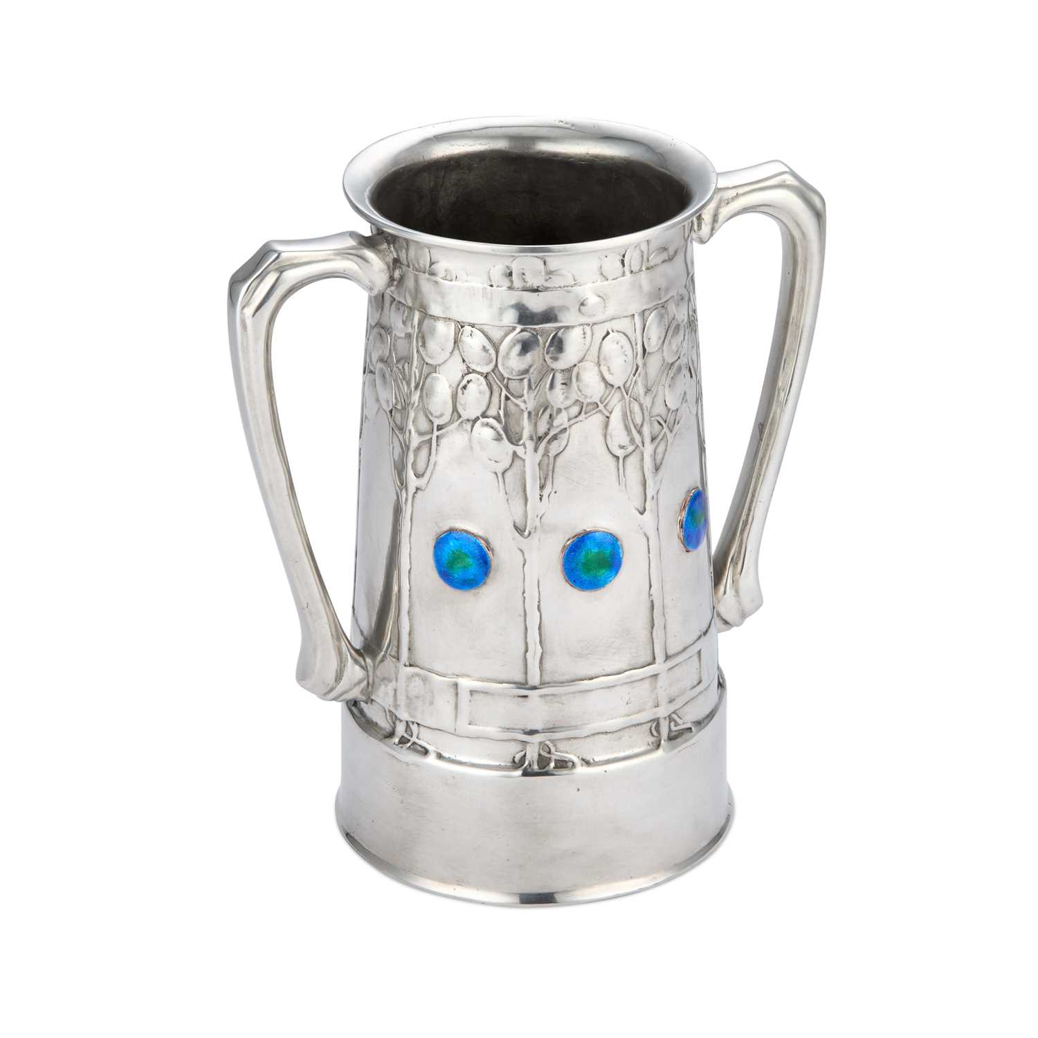 Lot 139 - DAVID VEASEY FOR LIBERTY & CO, A TUDRIC PEWTER AND ENAMEL LOVING CUP