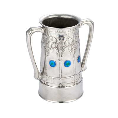 Lot 139 - DAVID VEASEY FOR LIBERTY & CO, A TUDRIC PEWTER AND ENAMEL LOVING CUP