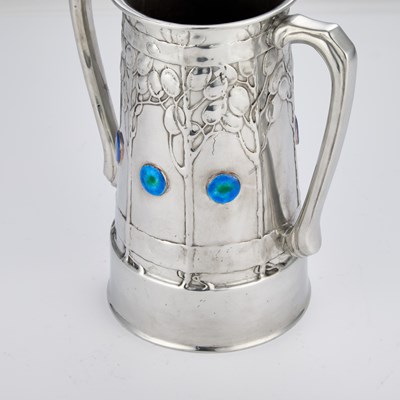 Lot 139 - DAVID VEASEY FOR LIBERTY & CO, A TUDRIC PEWTER AND ENAMEL LOVING CUP