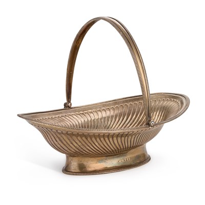 Lot 449 - A GEORGE III SILVER SWING-HANDLE OVAL CAKE BASKET