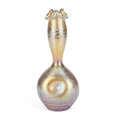 Lot 56 - A LOETZ SILVER-MOUNTED CRETE PAPILLON IRIDESCENT GLASS VASE