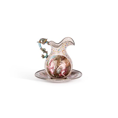 Lot 651 - A SMALL VIENNESE SILVER AND ENAMEL JUG AND STAND