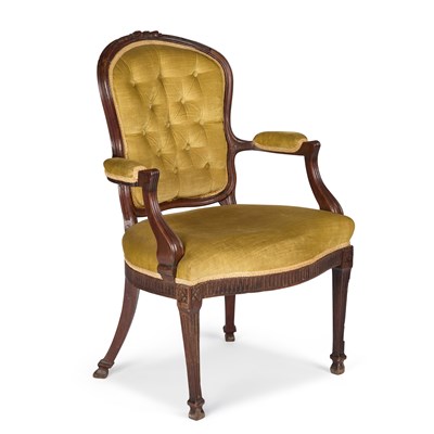 Lot 1052 - A GEORGE III MAHOGANY AND UPHOLSTERED ELBOW CHAIR