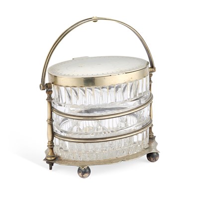 Lot 157 - A VICTORIAN SILVER-PLATE MOUNTED GLASS BISCUIT BOX