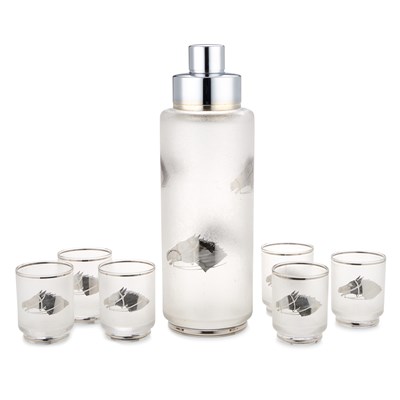 Lot 155 - A CONTINENTAL SILVER-PLATE MOUNTED FROSTED GLASS COCKTAIL SHAKER AND SIX DRINKING GLASSES
