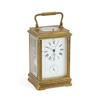 Lot 806 - A LATE 19TH CENTURY FRENCH BRASS CARRIAGE CLOCK WITH ALARM
