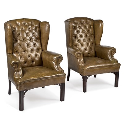 Lot 889 - A LARGE PAIR OF MAHOGANY AND LEATHER UPHOLSTERED WING-BACK ARMCHAIRS