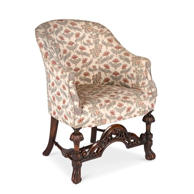 Lot 998 - A 17TH CENTURY STYLE WALNUT AND UPHOLSTERED PARLOUR CHAIR