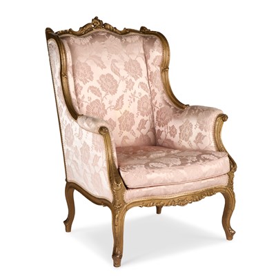 Lot 993 - A LOUIS XV STYLE GILTWOOD AND UPHOLSTERED BERGERE