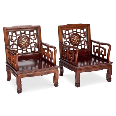 Lot 852 - A PAIR OF CHINESE HARDWOOD ARMCHAIRS