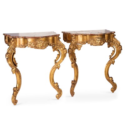 Lot 912 - A PAIR OF MARBLE-TOPPED GILTWOOD CONSOLE TABLES