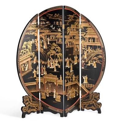 Lot 859 - A 20TH CENTURY CHINOISERIE LACQUER FOUR-FOLD SCREEN