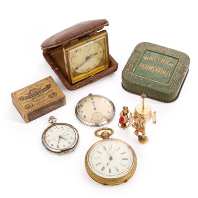 Lot 799 - THREE POCKET WATCHES AND AN ALARM CLOCK
