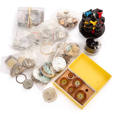 Lot 609 - A GROUP OF ASSORTED WATCH PARTS AND TOOLS