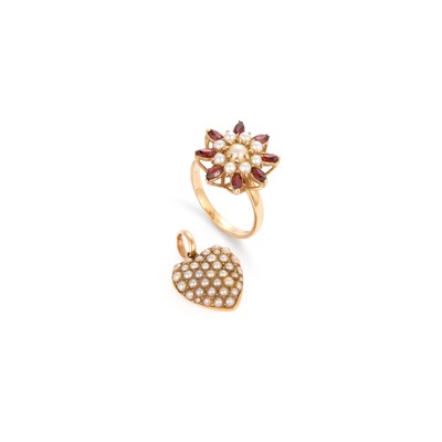 Lot 776 - A SEED PEARL HEART PENDANT AND A GARNET AND CULTURED PEARL CLUTER RING