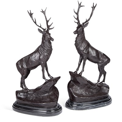 Lot 1046 - A LARGE PAIR OF BRONZE STAG MODELS
