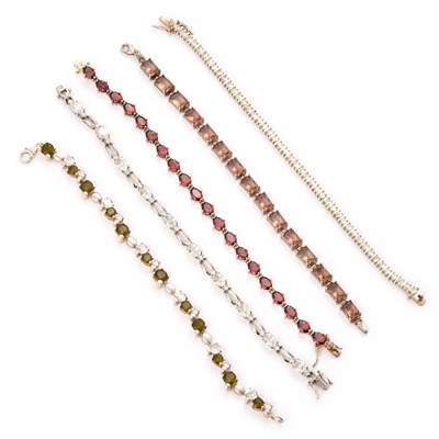 Lot 664 - FIVE SILVER GEMSTONE BRACELETS