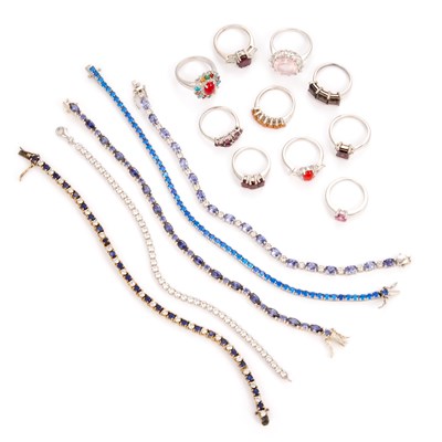 Lot 687 - A COLLECTION OF SILVER GEMSTONE TENNIS BRACELETS AND RINGS