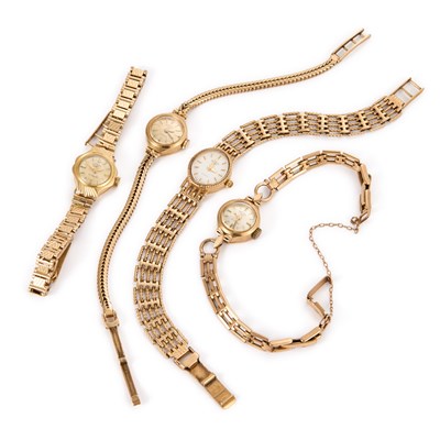 Lot 605 - FOUR LADY'S 9CT GOLD BRACELET WATCHES