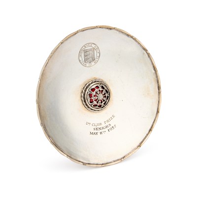 Lot 333 - OMAR RAMSDEN, AN ARTS AND CRAFTS SILVER AND ENAMEL DISH