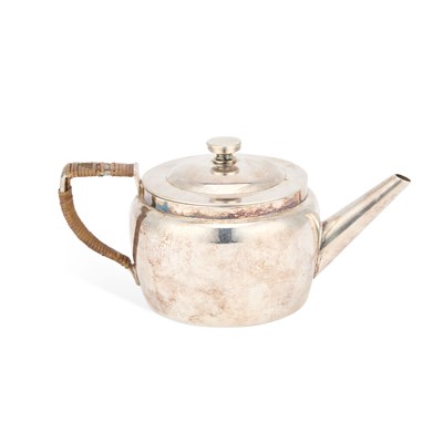 Lot 191 - A CHRISTOPHER DRESSER FOR HUKIN & HEATH SILVER-PLATED PICNIC TEAPOT