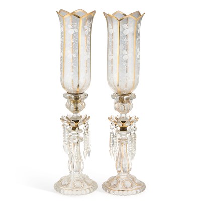 Lot 76 - A PAIR OF BACCARAT STYLE HURRICANE LAMP TABLE LUSTRES