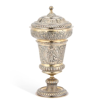 Lot 302 - A LARGE CONTINENTAL SILVER-GILT CHALICE AND COVER