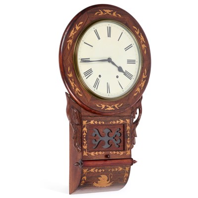 Lot 1156 - A LATE VICTORIAN INLAID ROSEWOOD DROP-DIAL WALL CLOCK