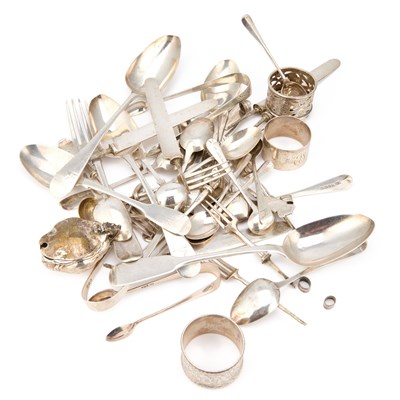 Lot 209 - A QUANTITY OF ASSORTED SILVER FLATWARE, NAPKIN RINGS, AND A MUSTARD POT