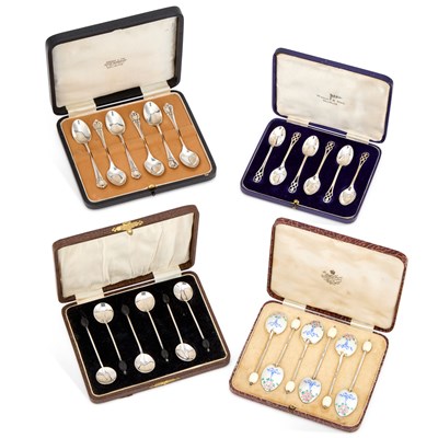 Lot 493 - FOUR CASED SETS OF SILVER SPOONS