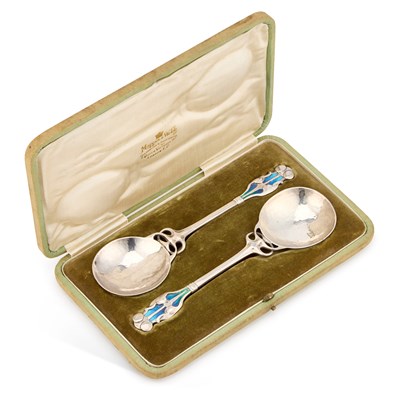 Lot 358 - A PAIR OF ARTS AND CRAFTS SILVER AND ENAMEL SPOONS