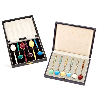 Lot 360 - TWO CASED SETS OF SILVER AND ENAMEL COFFEE SPOONS