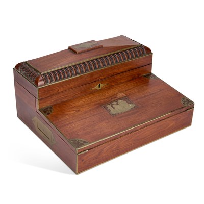 Lot 1092 - A REGENCY ROSEWOOD AND BRASS INLAID SLOPE FRONT WRITING BOX