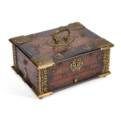 Lot 1091 - AN IBERIAN BRASS-MOUNTED HARDWOOD BOX, 18TH CENTURY