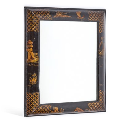 Lot 1077 - A CHINOISERIE LACQUER WALL MIRROR