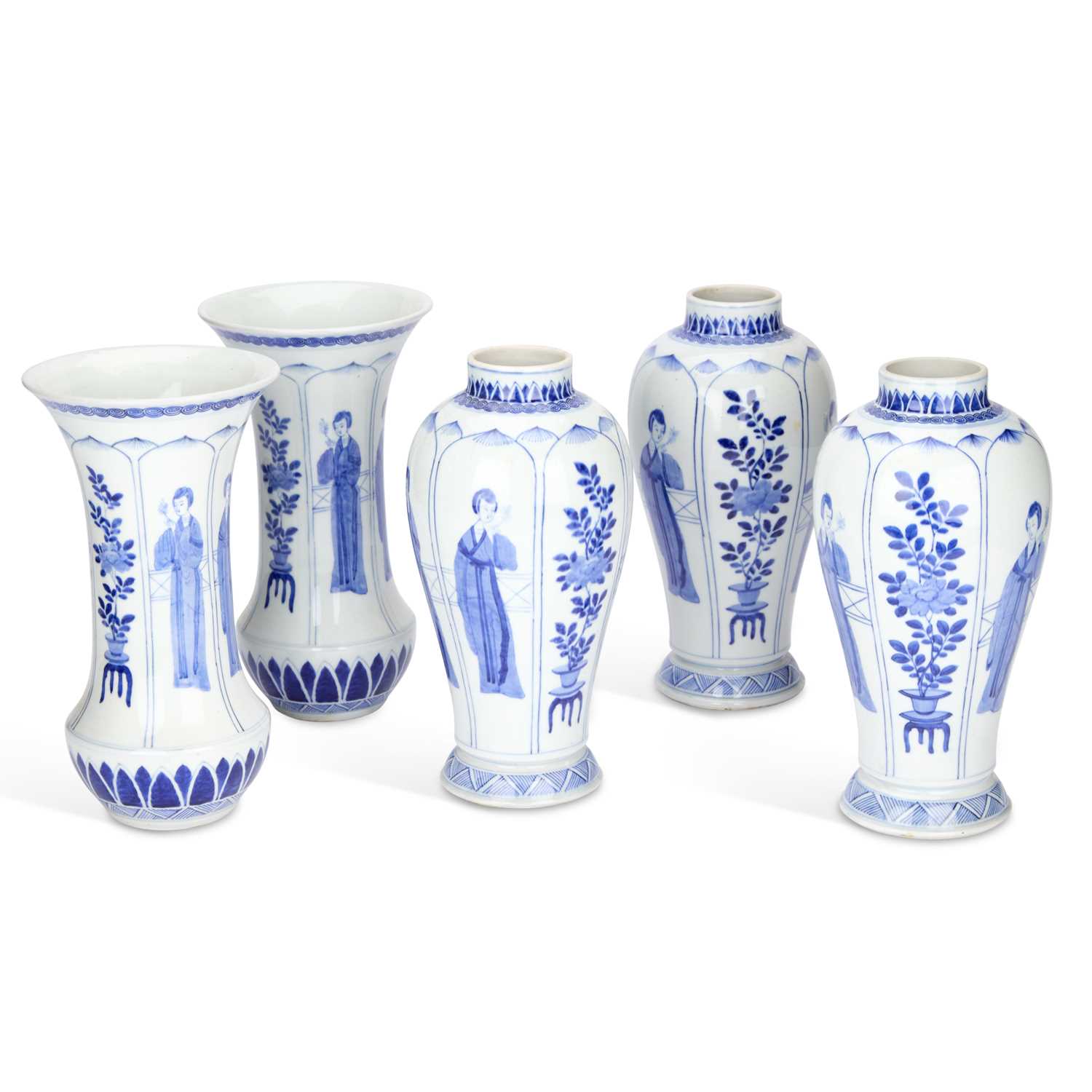 Lot 730 - A GROUP OF FIVE BLUE AND WHITE 'FIGURAL' PORCELAIN VASES