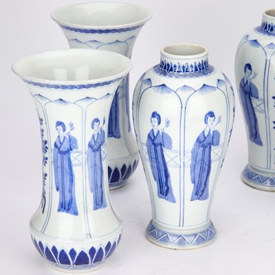Lot 730 - A GROUP OF FIVE BLUE AND WHITE 'FIGURAL' PORCELAIN VASES