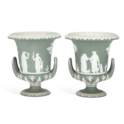 Lot 120 - A PAIR OF WEDGWOOD JASPER URNS, C.1870