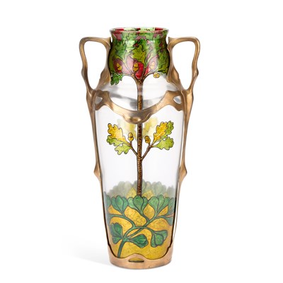 Lot 83 - A LARGE ART NOUVEAU GILDED PEWTER AND ENAMELLED GLASS VASE