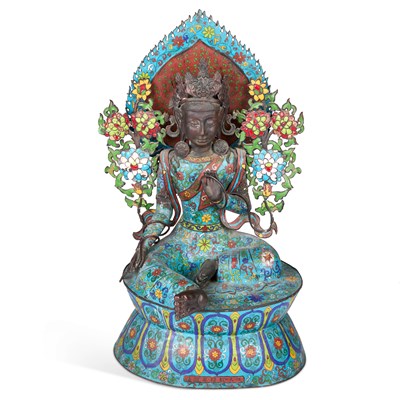 Lot 579 - A LARGE CHINESE CLOISONNÉ ENAMEL FIGURE OF A BODHISATTVA
