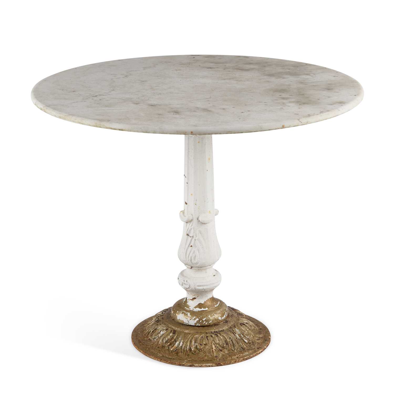 Lot 1131 - A CIRCULAR MARBLE-TOPPED CAST IRON GARDEN TABLE