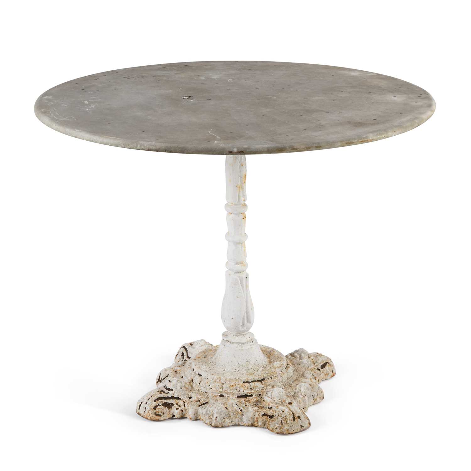 Lot 1130 - A CIRCULAR MARBLE-TOPPED CAST IRON GARDEN TABLE