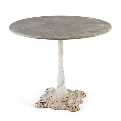 Lot 1130 - A CIRCULAR MARBLE-TOPPED CAST IRON GARDEN TABLE