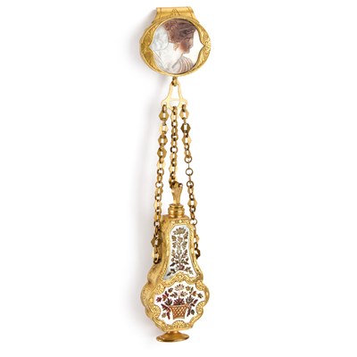 Lot 771 - A 19TH CENTURY GILT-METAL, MOTHER-OF-PEARL AND CAMEO CHATELAINE SCENT BOTTLE